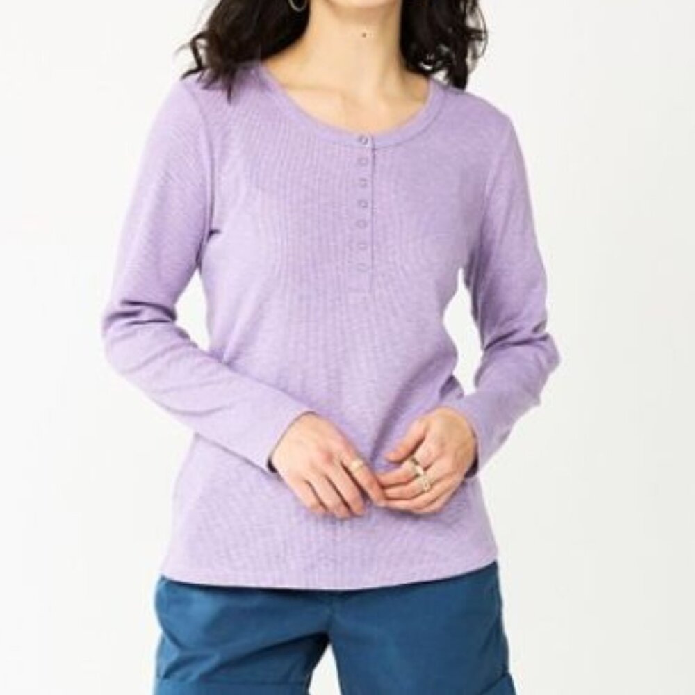 Sonoma Essential Henley Top Ribbed Knit Long Sleeve Light Purple Size XXL